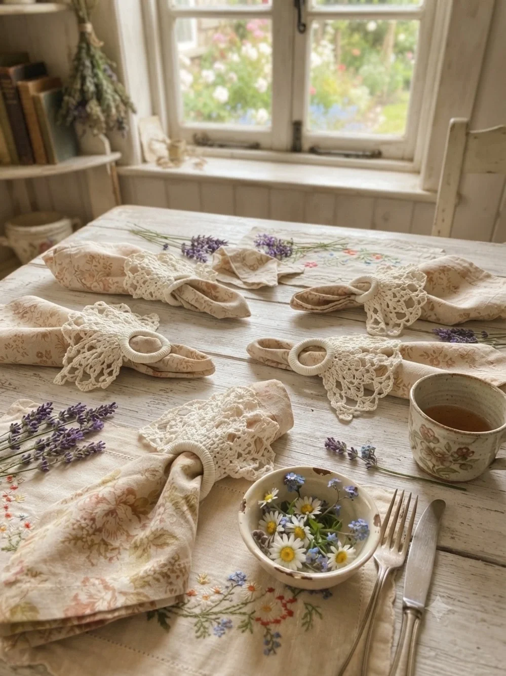 Vintage Boho Crochet Fan Napkin Rings | Set of 6 Shabby Chic Lace Table Decor